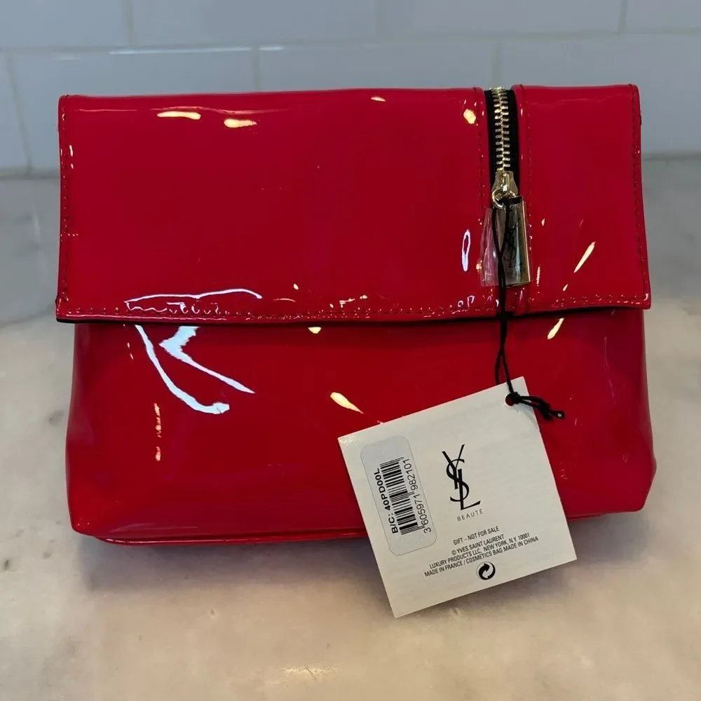Yves Saint Laurent Purse Vibrant Red Patent Leather Clutch Cosmetic Bag NWT - Picture 1 of 15
